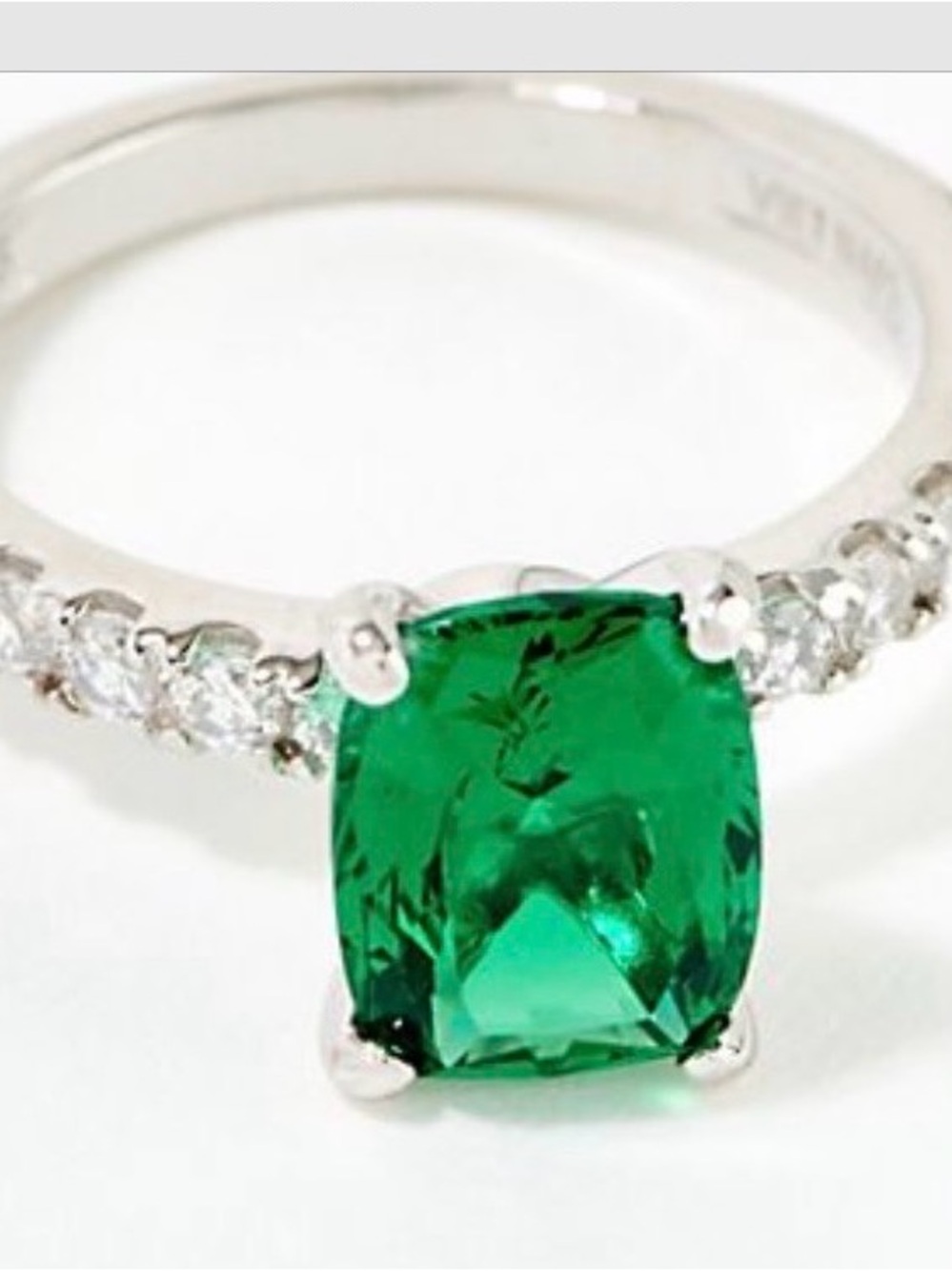 Diamonique Green and Clear 
Elongated Cushion Ring Platinum Clad 6